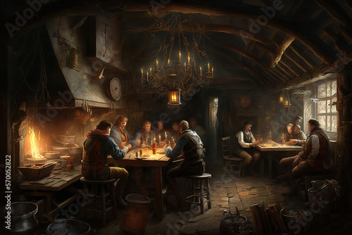 Interior of a medieval tavern, art illustration 