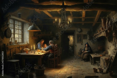Interior of a medieval tavern, art illustration 