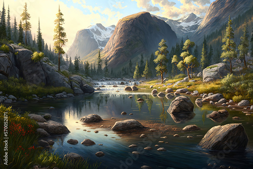 painting natural landscape. mountain meadows, trees, river jets, rocks, a forest, a dawn in the middle of the day and a summer meadow, art illustration  © vvalentine