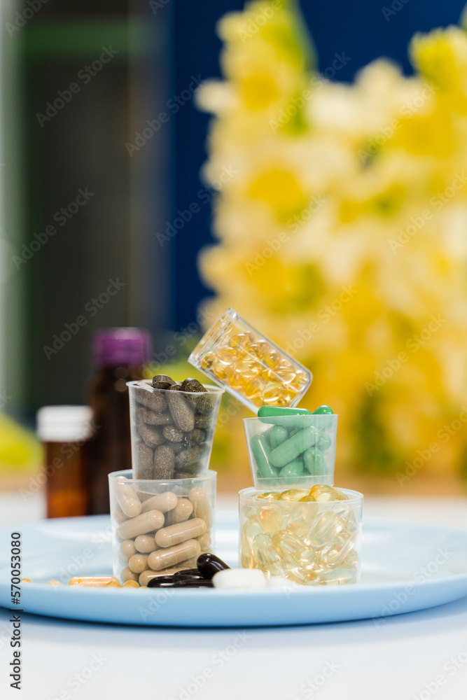 Set of mulvitamin, amino acids, minerals and magnesium antistress, melatonin close-up. Mix of dietary biologically active supplement tablets for healthy diet for every day. Set of mulvitamin, amino acids, minerals and magnesium antistress, melatonin close-up. Mix of dietary biologically active supplement tablets for healthy diet for every day.