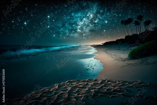Scenery very peaceful with a beach at night with stars visible in the sky. Generative AI