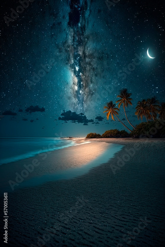 Scenery very peaceful with a beach at night with stars visible in the sky. Generative AI