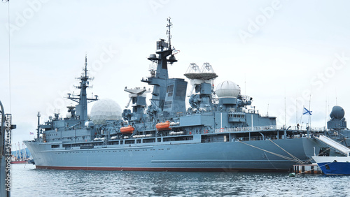 Vladivostok, Russia - August 9, 2021: The warships of Vladivostok in the pier.