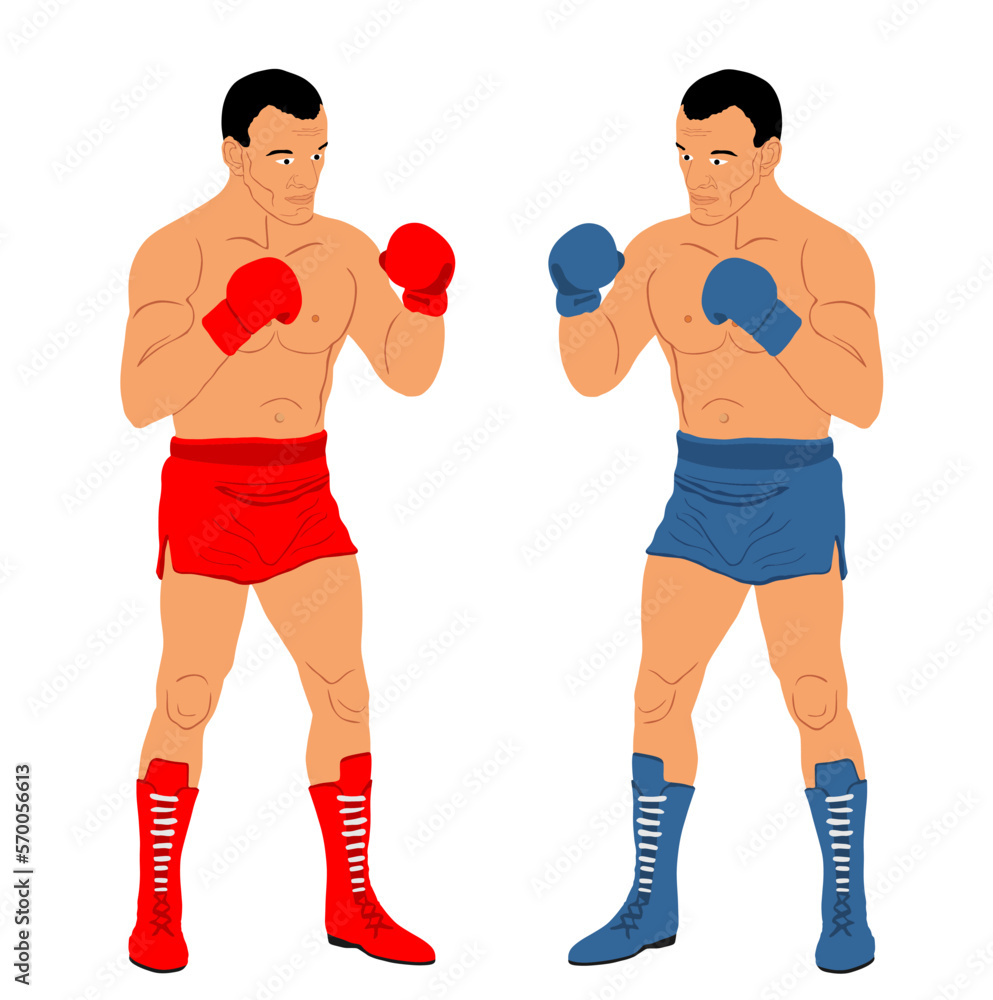 Boxers in ring duel vector illustration isolated on white background. Strong fighter direct kick. Sportsman on training sparing. Martial skills demonstration. Boxing sport event. Tough man battle. Boxers in ring duel vector illustration isolated on white background. Strong fighter direct kick. Sportsman on training sparing. Martial skills demonstration. Boxing sport event. Tough man battle.