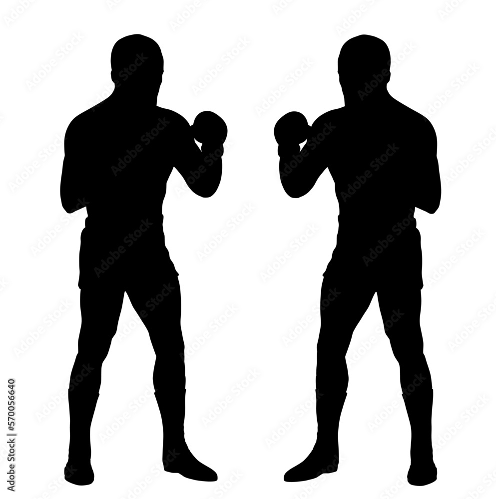 Boxers in ring duel vector silhouette isolated on white background. Strong fighter direct kick. Sportsman on training sparing. Martial skills demonstration. Boxing sport event. Tough man battle.