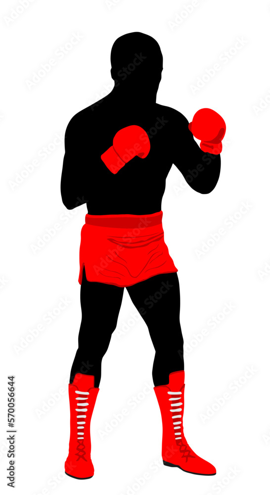 Boxer in ring vector silhouette illustration isolated on white. Strong fighter shape shadow direct kick. Sportsman training sparing. Martial skills. Boxing sport event. Kick avoidance. Tough man.