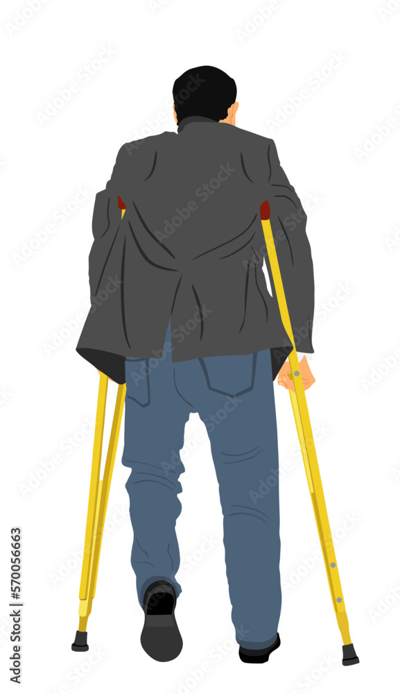 Man with crutches vector illustration isolated on white background. Disabled senior walking with stick. Health care activity after car crash injury. Strong will person nursing in hospital. Insurance. Man with crutches vector illustration isolated on white background. Disabled senior walking with stick. Health care activity after car crash injury. Strong will person nursing in hospital. Insurance.