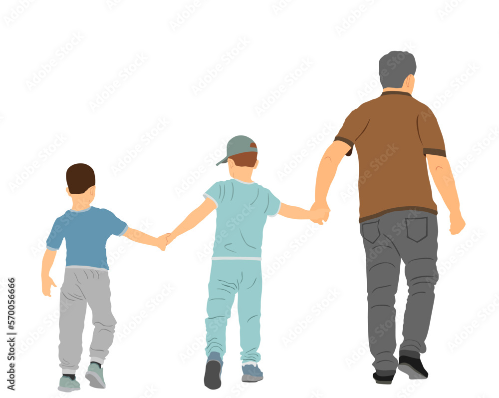 Grandfather and grandsons hold hands and walking. Grandfather Carrying Grandson vector illustration. Fathers day. family love, outdoor activity. Boys with grandpa. Family values. Adopted child enjoy.