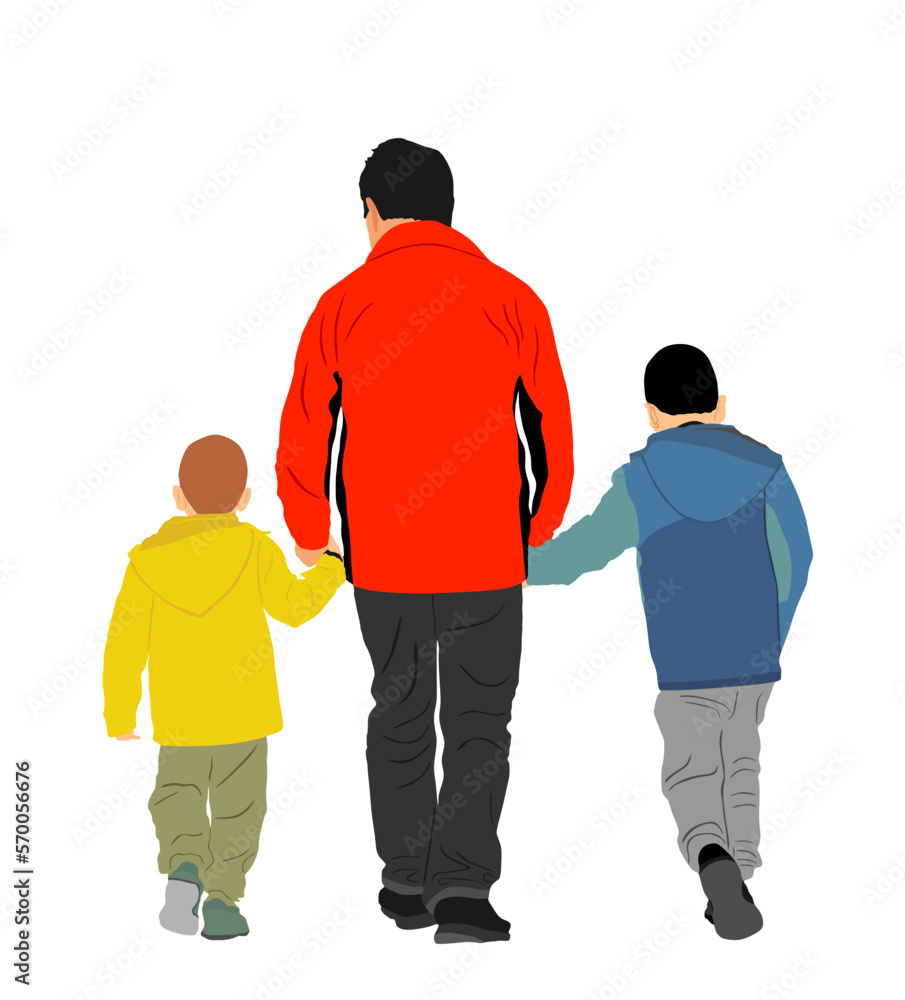 Father and sons hold hands and walking. Dad carrying boys vector illustration. Fathers day. Family love, outdoor activity. Children with parent. Family values. Adopted child enjoy. Father and sons hold hands and walking. Dad carrying boys vector illustration. Fathers day. Family love, outdoor activity. Children with parent. Family values. Adopted child enjoy.