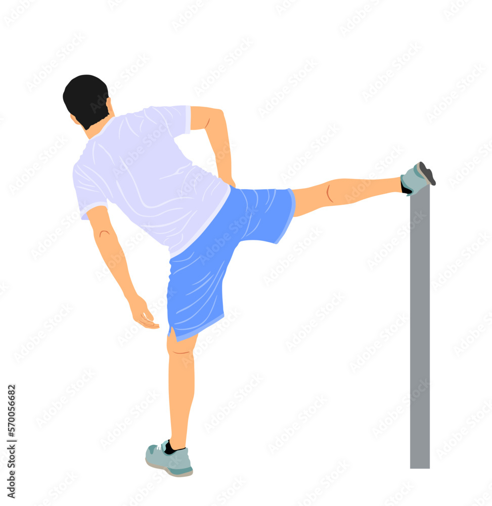 Soccer player stretching vector illustration isolated on white background. Sportsman warming up before football game. Strain racking on court. Sport boy workout in gym. Fit man exercise. Soccer player stretching vector illustration isolated on white background. Sportsman warming up before football game. Strain racking on court. Sport boy workout in gym. Fit man exercise.