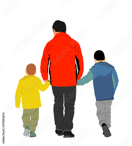 Father and sons hold hands and walking. Dad carrying boys vector illustration. Fathers day. Family love, outdoor activity. Children with parent. Family values. Adopted child enjoy.