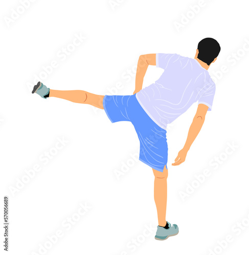 Soccer player stretching vector illustration isolated on white background. Sportsman warming up before football game. Strain racking on court. Sport boy workout in gym. Fit man exercise. 