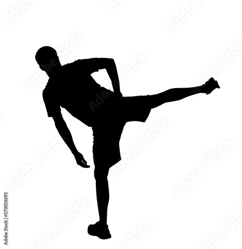 Soccer player stretching vector silhouette illustration isolated on white background. Sportsman warming up before football game. Strain racking on court. Sport boy workout in gym. Fit man exercise. 