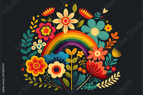 a colorful flower arrangement with a rainbow in the middle