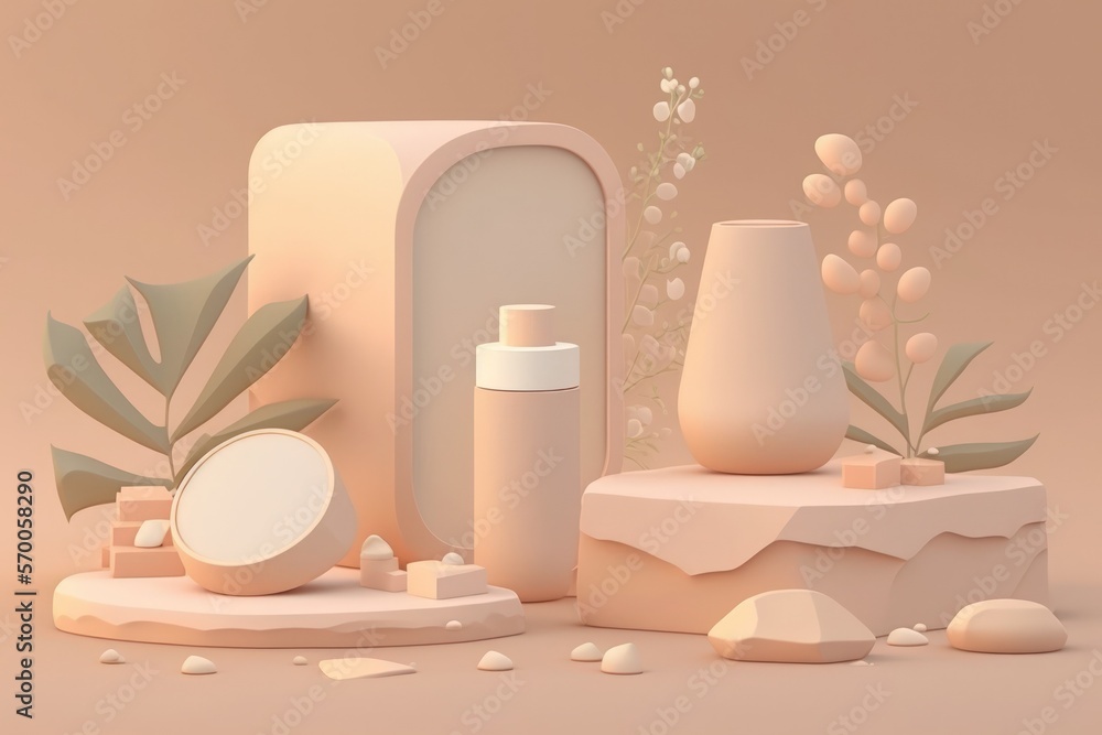 Mockup of a simple setting with a stone product podium and copy space for social media banners, promotions, and displays of cosmetic products. pastel scene with beige and cream tones. Generative AI