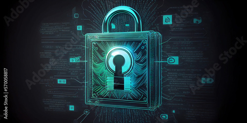 Abstract background with a padlock symbolizing protection against cybercrime. Protection against account hacking. Futuristic wide horizontal screen banner. Computer technology. Generative AI.