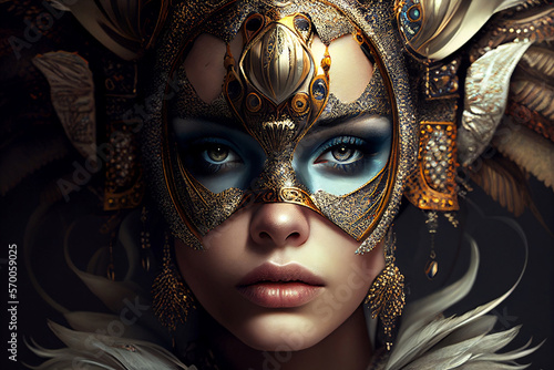 Portrait of a young beautiful woman wearing a carnival mask. Sophisticated appearance, decorated with gold and silver elements. Mask put on the face. Expressive distinct Makeup. Generative AI.