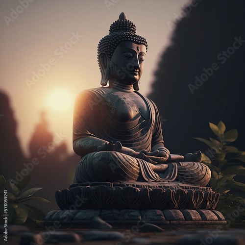 Budah figure in lotus pose, outdoors at sunset, mindfulness concept, Ai Generative. photo