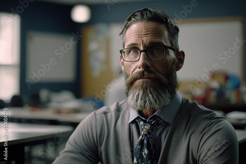 Adult beard teacher, in a classroom, Ai Generative