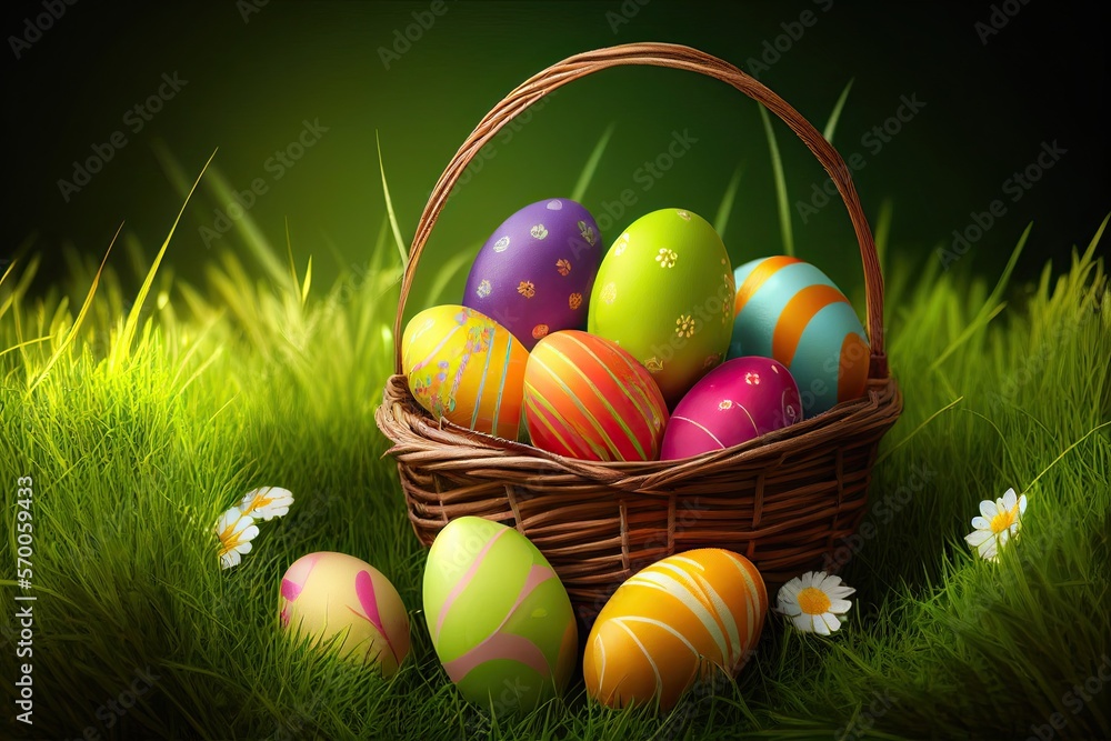 Easter basket with easter eggs ion grass, green background. ai generative Easter basket with easter eggs ion grass, green background. ai generative