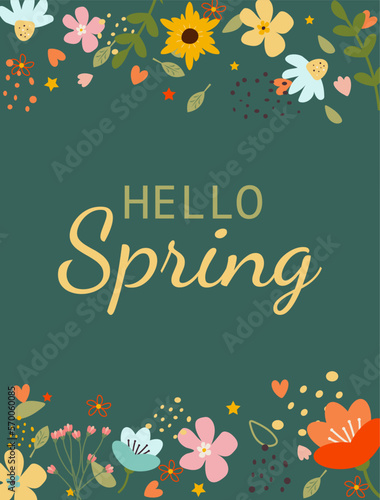 Hello spring. Greeting card with spring flowers and an inscription on a dark green background