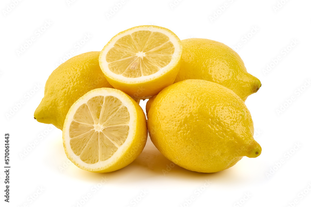 Fresh lemon with slice, isolated on white background.