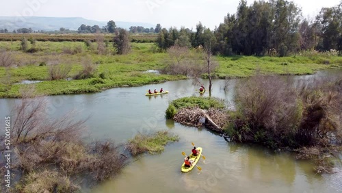 Sea of Galilee, Israel - 4 November 2022: Aerial view of people kayaking in a lake. photo