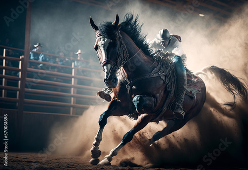 Cowboy riding a bucking bronco horse in a dusty rodeo arena, generative Ai photo