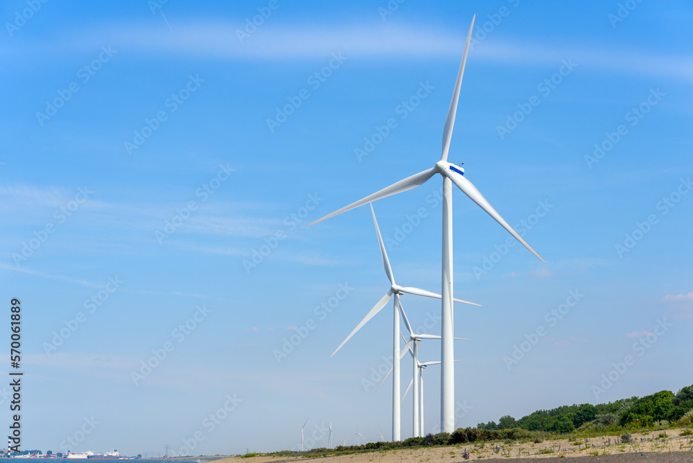 Wind farm on a seashore on a clear day