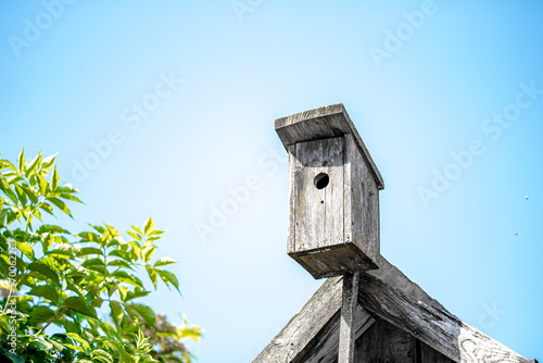Nesting box with a round hole for an entrance - Safe spring home for birds to breed