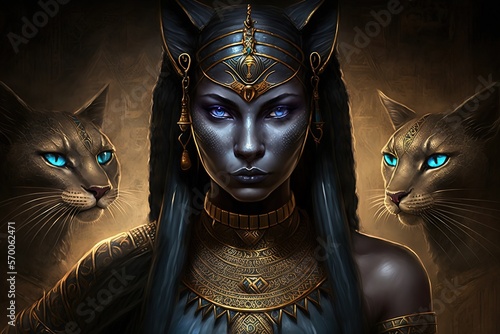 Goddess Bastet in ancient Egypt in gothic style. AI photo