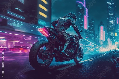 Futuristic sport bike with racer in night city, motorcycle cyberpunk background. AI photo