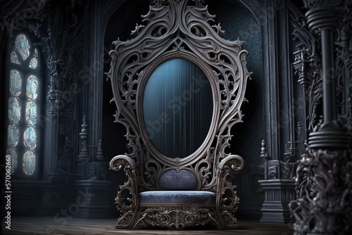 Throne in the castle of darkness with a mirror in the gothic style. AI