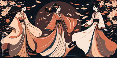 Asian Women in Kimono Dancing