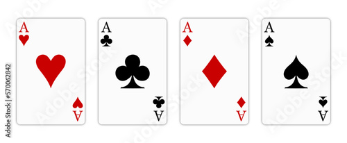 Set of four aces playing cards suits. Winning poker hand. Set of hearts, spades, clubs and diamonds ace