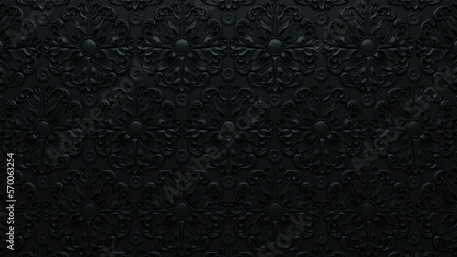 Black 3D Rococo Pattern Background. Elegant Dark Ornate Wallpaper.