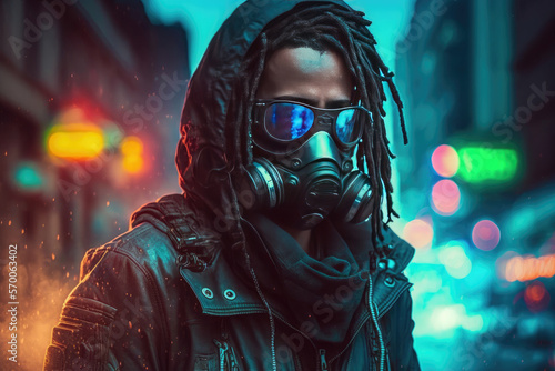 Cyberpunk character in a mask on the background of the city. Generative ai.