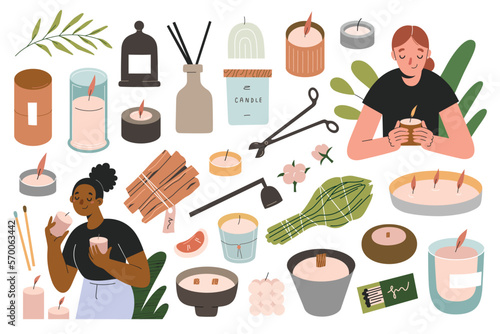 Women smelling scented candles, lighting candles in jars with matches, home aromatherapy for relaxation, stress relief, palo santo wood and sage. vector illustrations collection, cartoon characters