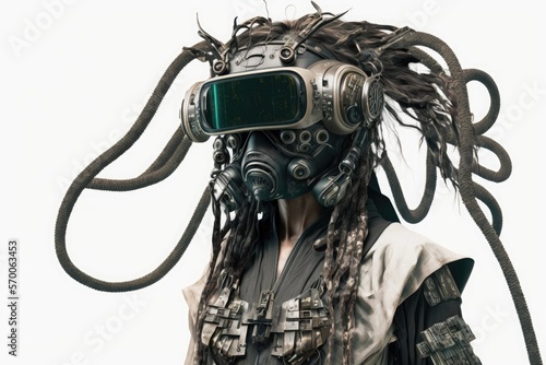 Futuristic woman with dreadlocks in a helmet and gas mask on a white background. Generative ai. © Iryna