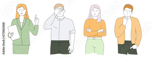 People think, make a choice, hold their head with their hand, express emotions. Gestures of men and women, students, manager. Vector graphics in linear style.