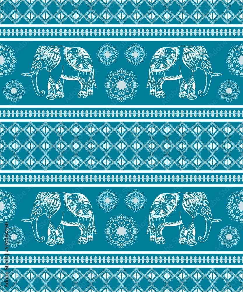 Elephant seamless pattern. Ethnic elephant with ornate border traditionally decorated elephant design for carpet, wallpaper, clothing, textile, wrapping, Batik, fabric, tile, and embroidery style.