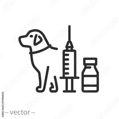 animal vaccination icon, pet vaccine, dog with syringe, line symbol on white background - editable stroke vector illustration eps10