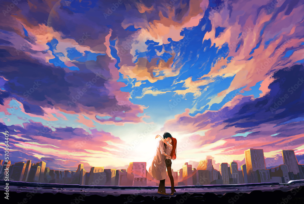 Download Anime Couple Kiss During Beautiful Sunset Wallpaper