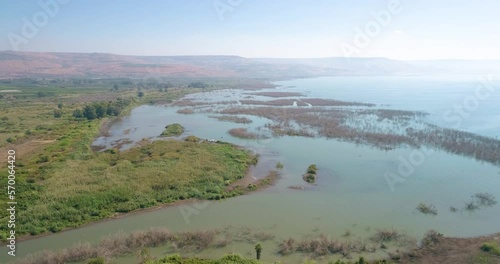 Aerial view of a lake with in water vegetation, Sea of Galilee, Israel. photo