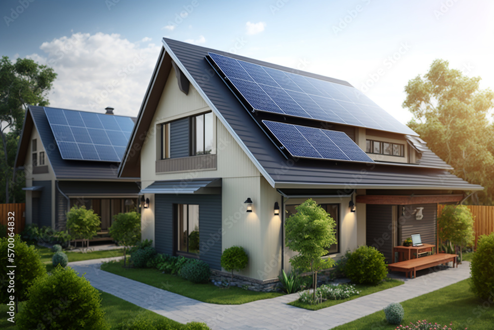 Newly construced home with solar panels on roof. generative ai Newly construced home with solar panels on roof. generative ai