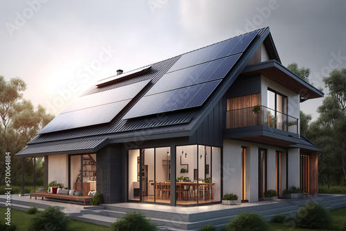 Newly construced home with solar panels on roof. generative ai