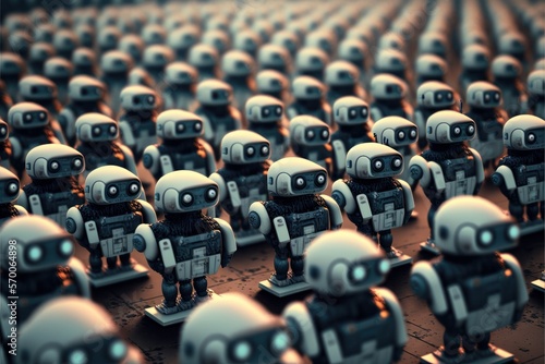 Army of small 3d robots lined up in rows 