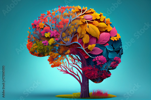 Tree of Plants and Flowers in shape of a brain. Mental health concept. generative ai