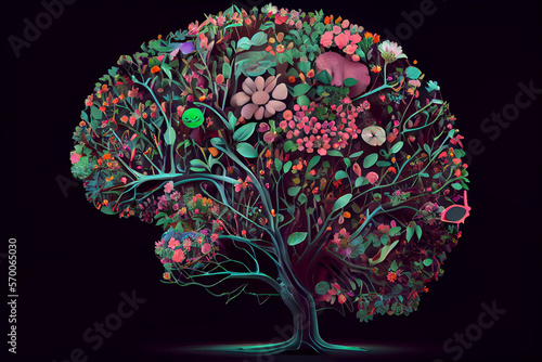 Tree of Plants and Flowers in shape of a brain. Mental health concept. generative ai photo