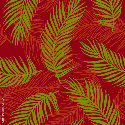 Repeat jungle palm leaves vector pattern. Floral design over waves texture